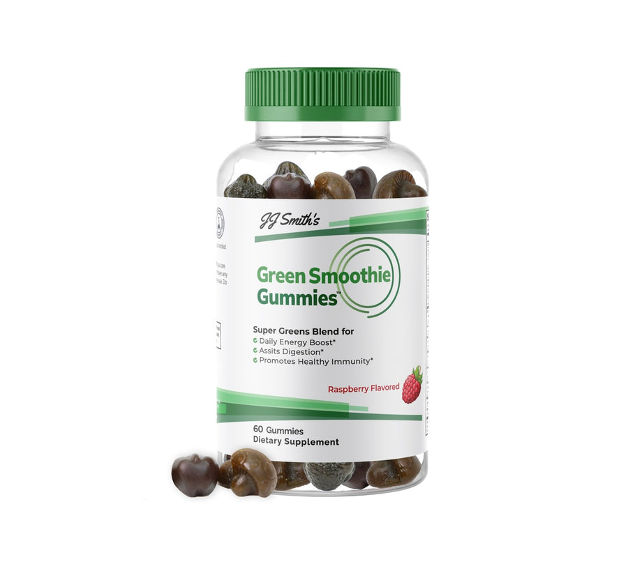 JJ Smith's Green Smoothie Gummies bottle, 60 raspberry flavored gummies